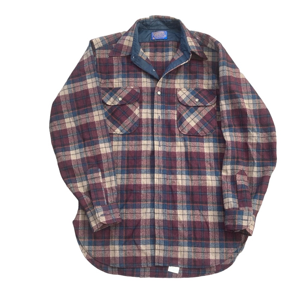 Mens button shirt Maroon Plaid long sleeve 100% wool Shirt Pendleton M.